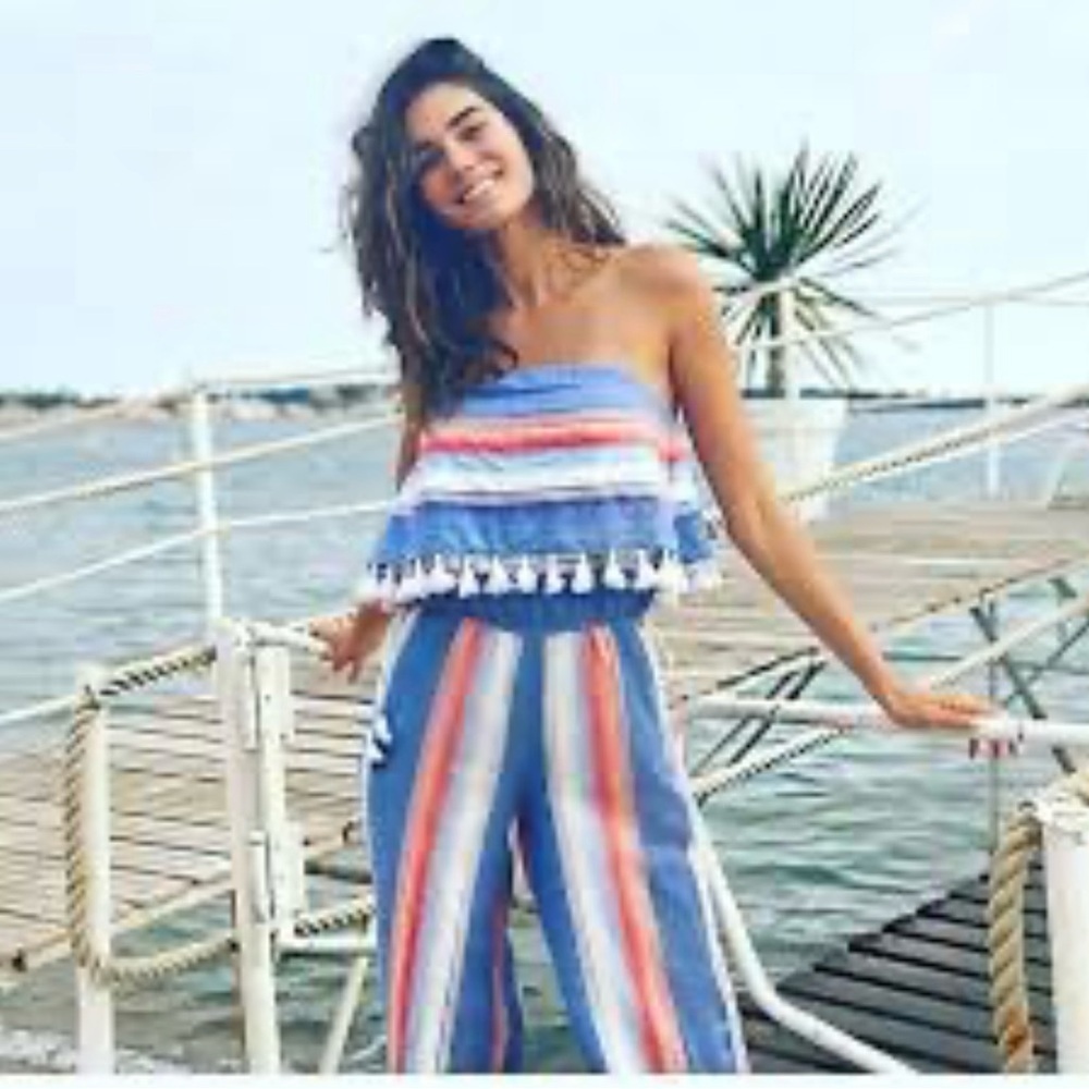 Saylor Striped Red, White and Blue Ruffle and Tassel Accent Strapless Jumpsuit